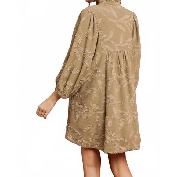 NEW UMGEE jacquard high ruffle neck dress in mushroom - Picture 2 of 3